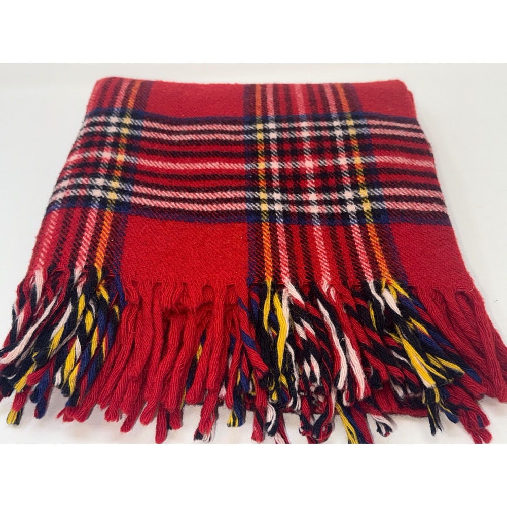 Faribo Red Plaid Wool Throw Blanket Fringed 58x50 Royal Stewart Tartan Vintage